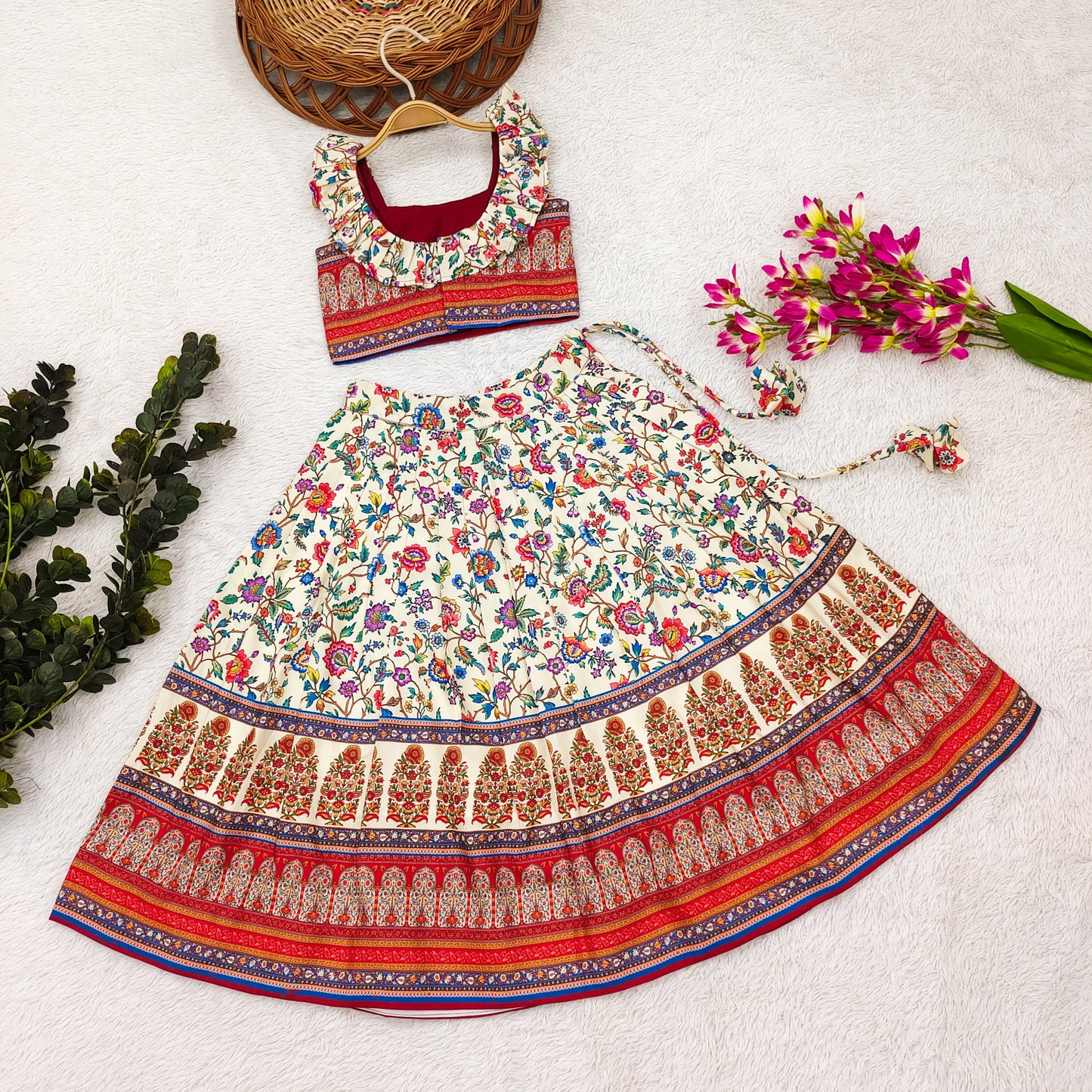 Enchanting Princess Lehenga Choli Set for Little Divas - Vibrant Rayon with Adorable Prints