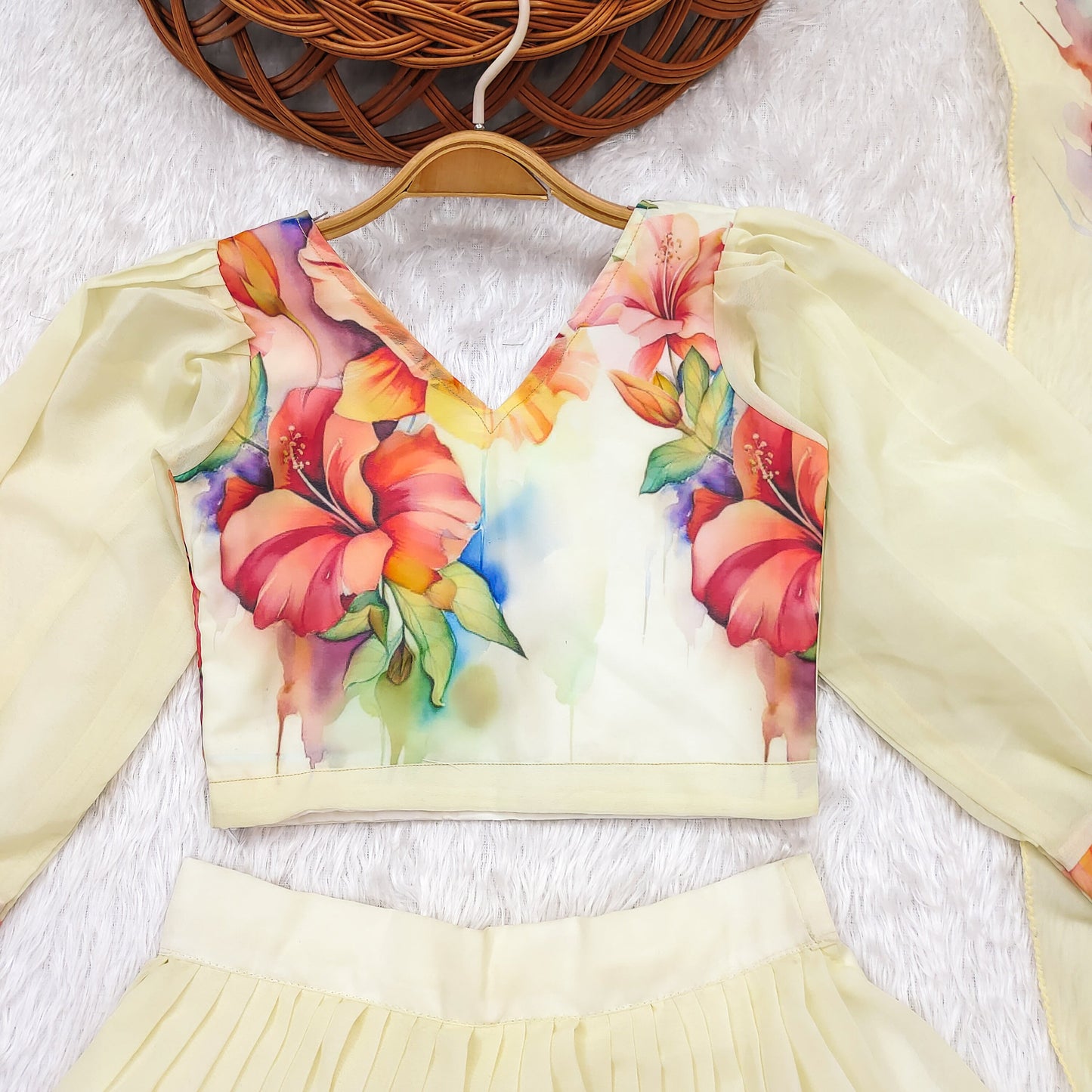 Kids White Georgette Lehenga Choli with Pink Sleeveless Blouse and Floral Print Dupatta