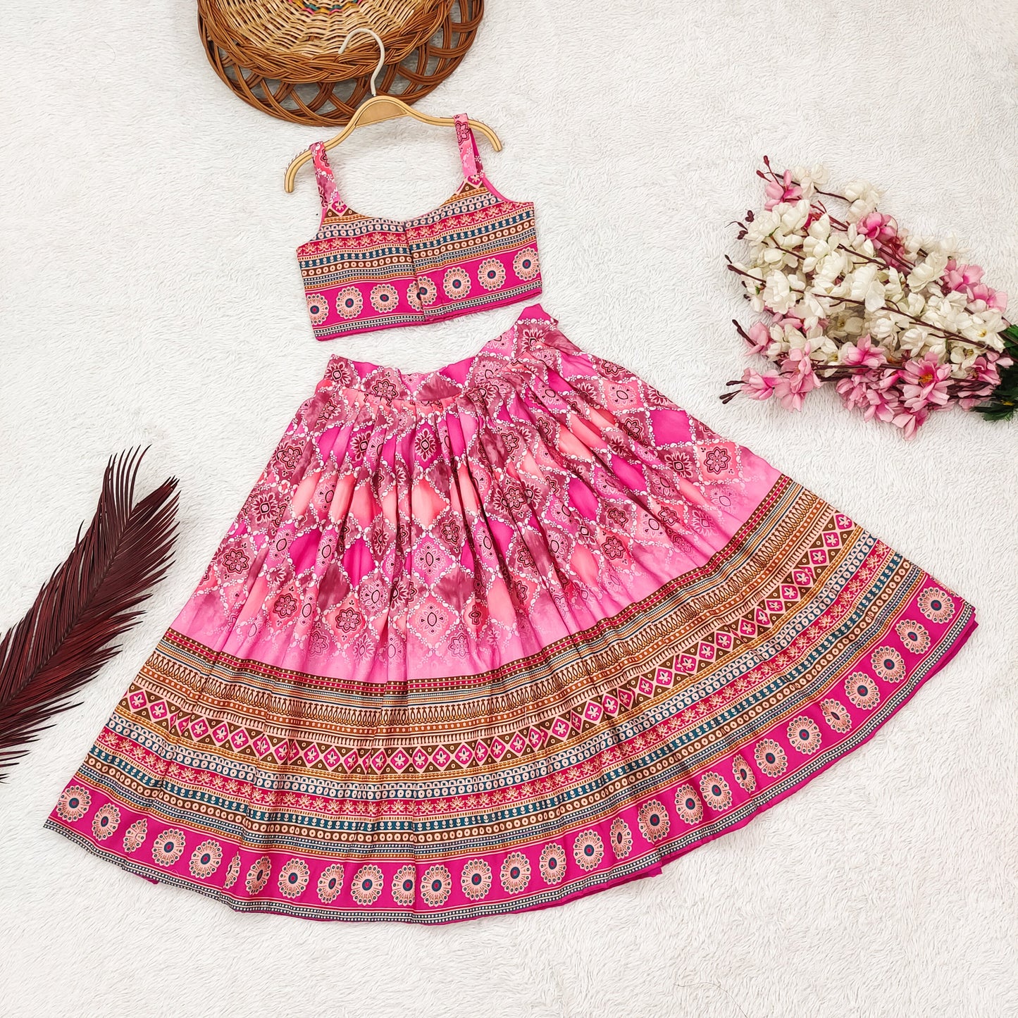 Enchanting Princess Lehenga Choli Set for Little Divas - Vibrant Rayon with Adorable Prints