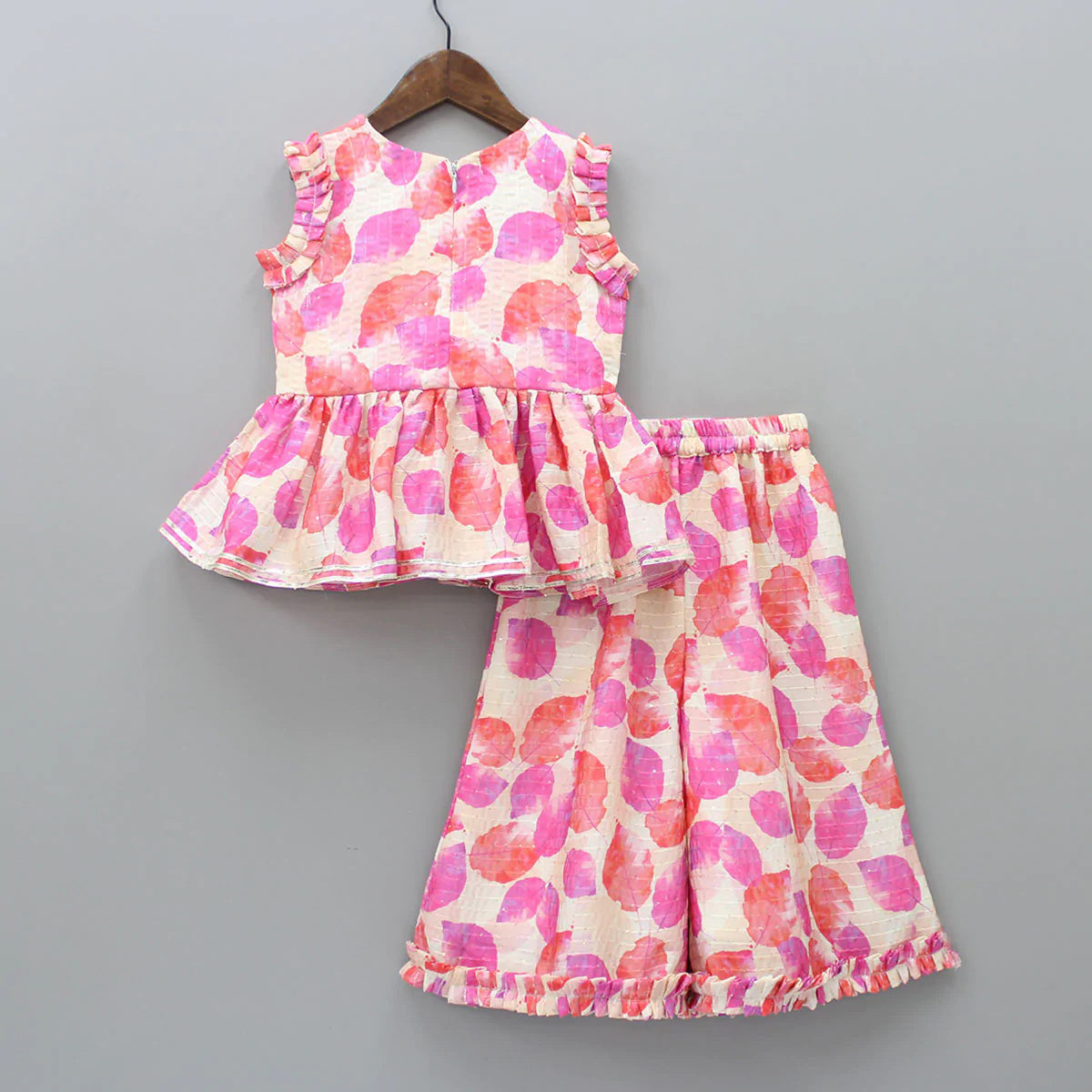Girl's Ethnic Suit Leaf Printed Kurta Top with Palazzo Pant Traditional Clothing Set for Kids