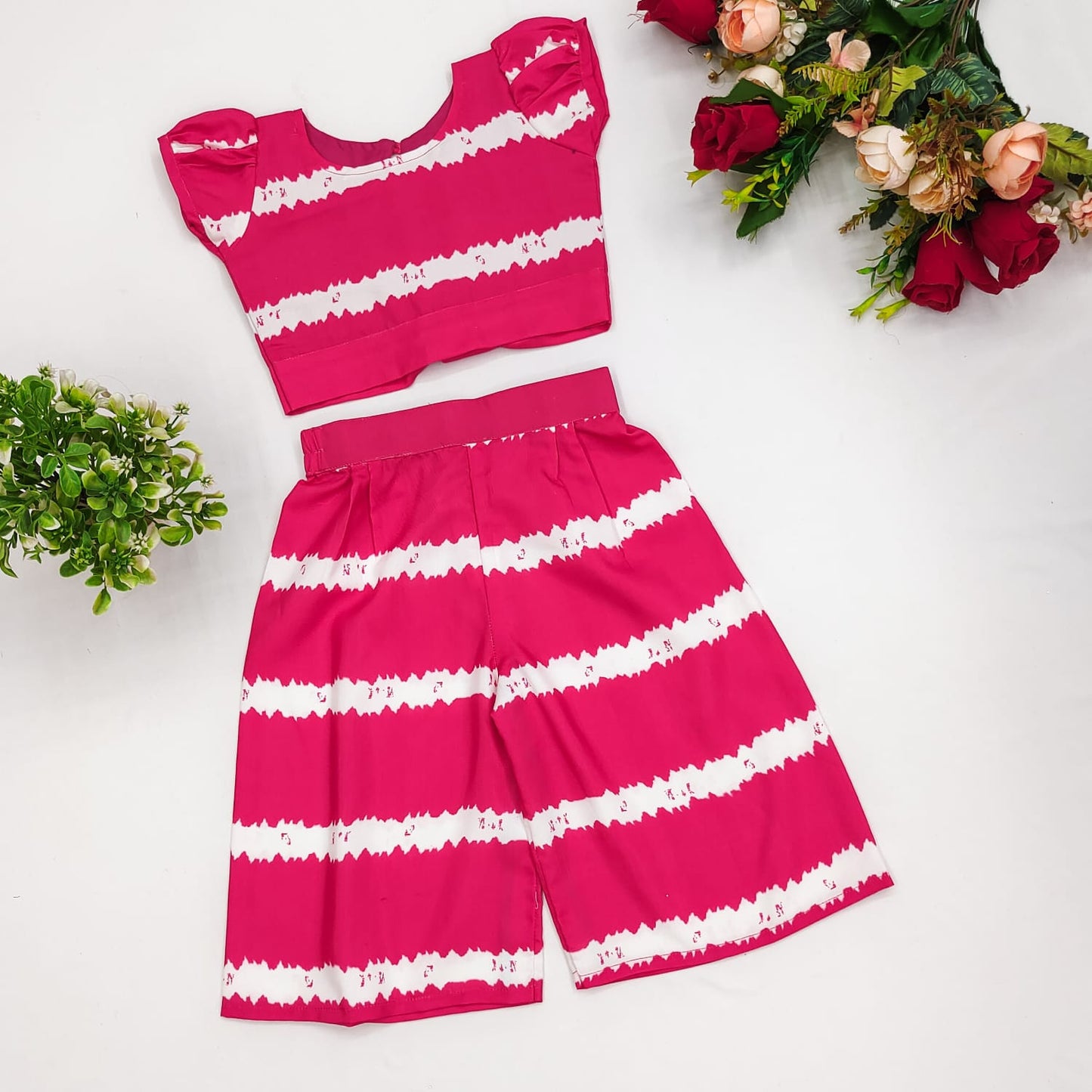 Girls Stripe Printed Cotton Top & Capri Palazzo Set Pink and Yellow