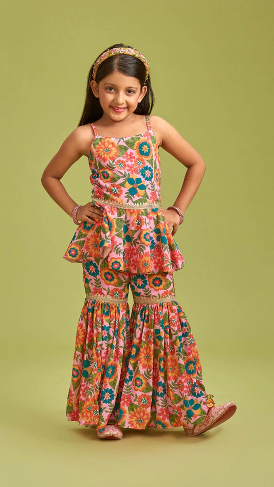 Blooming Blossoms: Kids Floral Sleeveless Kurti and Plazo Set