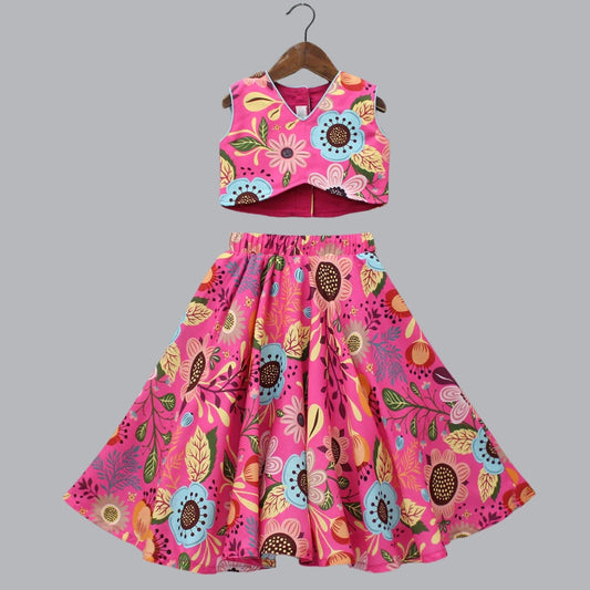 Girl's Multicolour Floral Printed Pink Top And Lehenga Set | Readymade Ethnic Wear | Full Flared Lehenga Choli for Girls