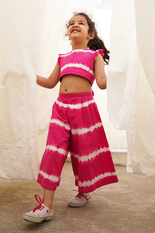 Girls Stripe Printed Cotton Top & Capri Palazzo Set Pink and Yellow