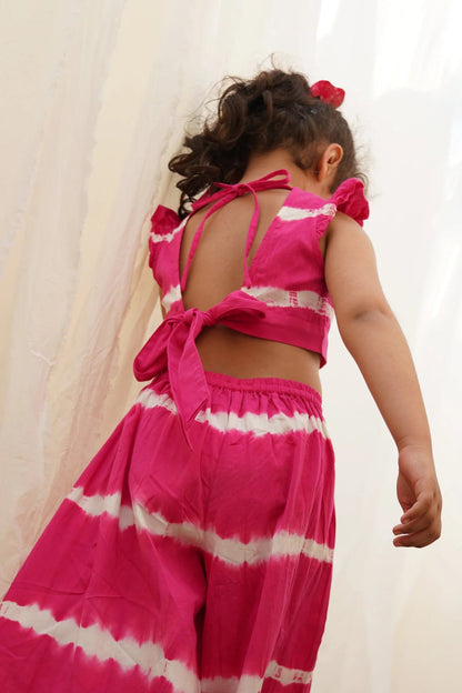 Girls Stripe Printed Cotton Top & Capri Palazzo Set Pink and Yellow