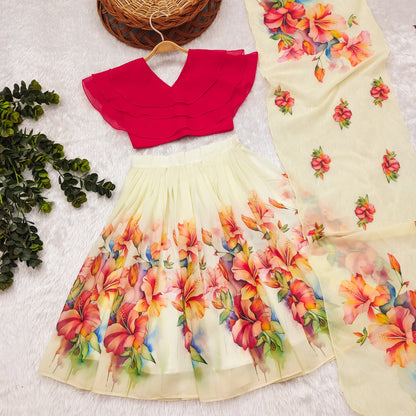 Kids White Georgette Lehenga Choli with Pink Sleeveless Blouse and Floral Print Dupatta