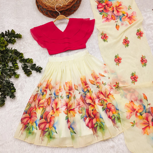 Kids White Georgette Lehenga Choli with Pink Sleeveless Blouse and Floral Print Dupatta