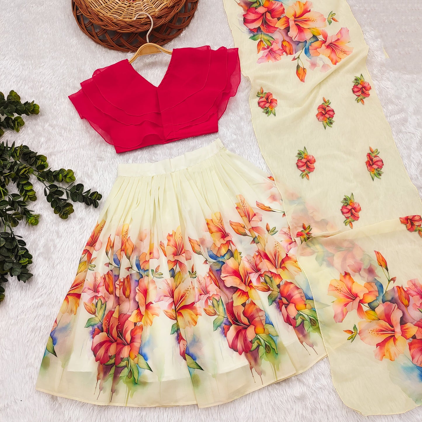 Kids White Georgette Lehenga Choli with Pink Sleeveless Blouse and Floral Print Dupatta