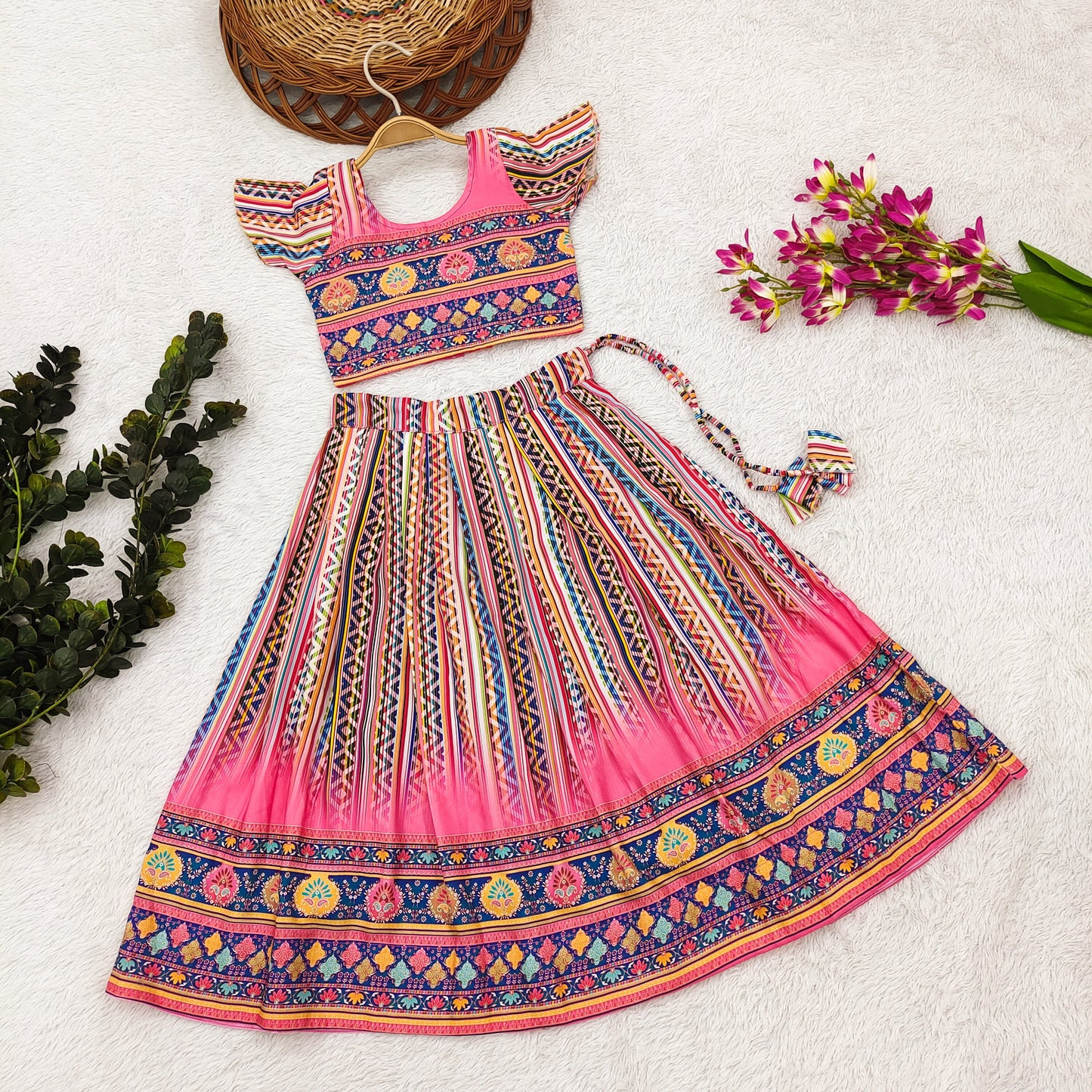 Enchanting Princess Lehenga Choli Set for Little Divas - Vibrant Rayon with Adorable Prints