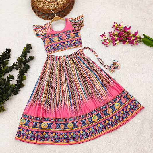 Enchanting Princess Lehenga Choli Set for Little Divas - Vibrant Rayon with Adorable Prints