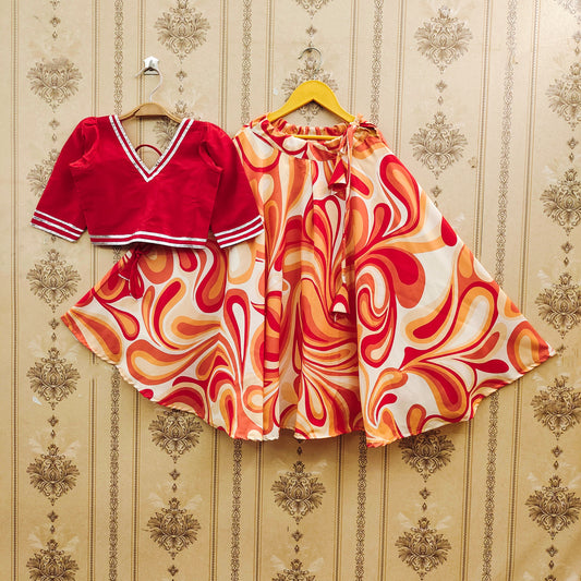Mithila Girls Red & Orange Swirl Printed Lehenga Choli Set