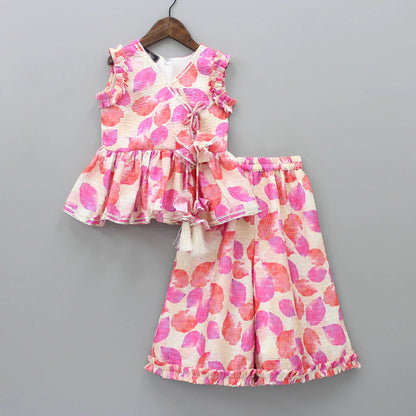 Girl's Ethnic Suit Leaf Printed Kurta Top with Palazzo Pant Traditional Clothing Set for Kids