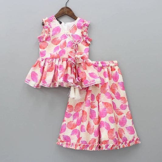 Girl's Ethnic Suit Leaf Printed Kurta Top with Palazzo Pant Traditional Clothing Set for Kids